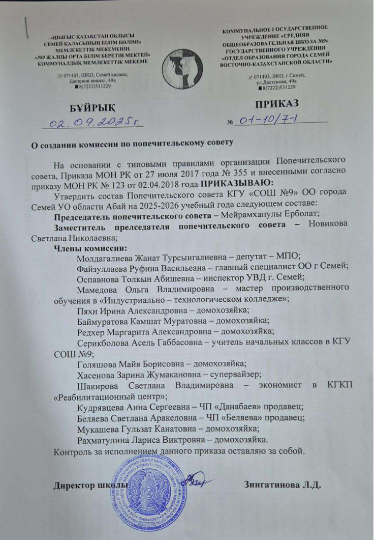 2025-2026 оқу жылына арналған Попечительский советтің құрамы / Состав Попечительского совета на 2025-2026 учебный год