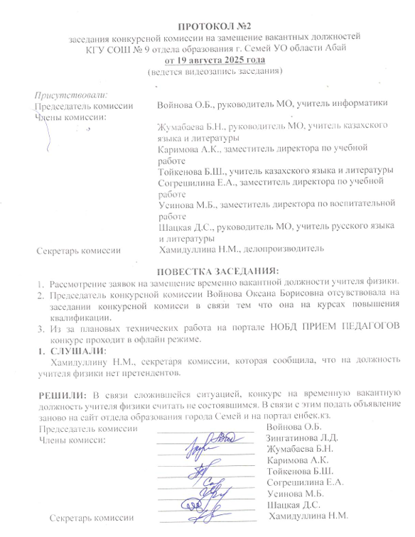 Протокол №2 заседания конкурсной комиссии на замещение вакантных должностей
