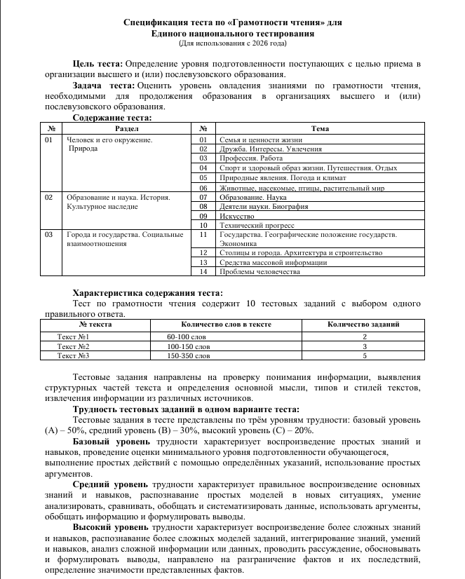 Спецификация теста по «Грамотности чтения» для  Единого национального тестирования