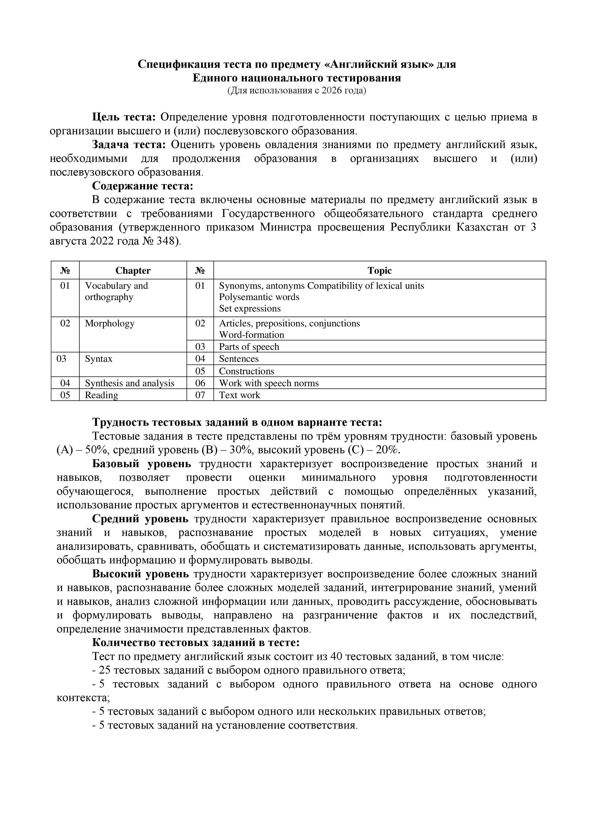 Спецификация теста по предмету «Английский язык» для  Единого национального тестирования